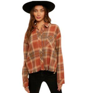 Hem & Thread Frayed Plaid Button-Up Lightweight Flannel Shirt, Striped Sides, M
